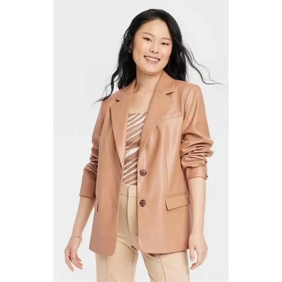 A New Day Womens  Faux Leather Relaxed Fit Blazer Small Jacket Caramel Tan Color - Picture 13 of 15